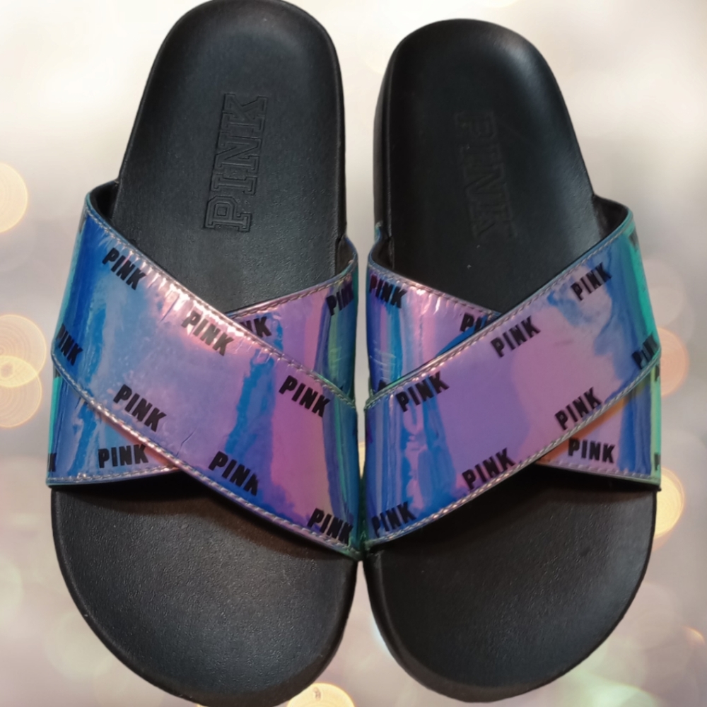 VS Pink Iridescent Criss-Cross Slides•Used•Medium